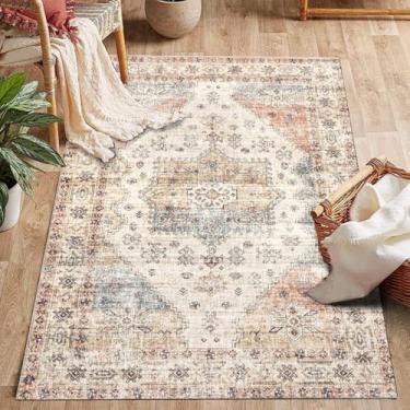 Imagem de ESSMOKO Tapete para sala de estar, estilo nórdico, retrô, étnico, quarto, tapete de lã artificial, lavável na máquina, fácil de cuidar, 180 x 275 cm, rosa clássico