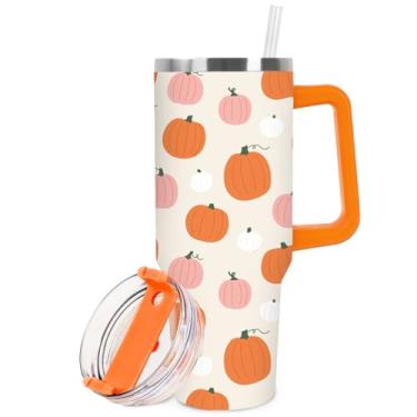 Imagem de Whaline 1 copo de outono com tampa de canudo 1,134 g outono laranja rosa abóbora aço inoxidável copo de viagem para Ação de Graças café gelado lembrancinha de festa