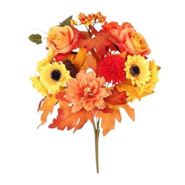 Imagem de ESSMOKO Castelos e folhas de plantas de girassol simulados, decoração de casa, ramo de rosas simulado, folhas de ácer