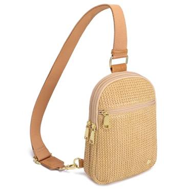 Imagem de Haytijoe Bolsa de palha pequena de verão, bolsa tiracolo com bloqueio de RFID, bolsas femininas de praia, pochetes, Cáqui puro, pequeno, Small