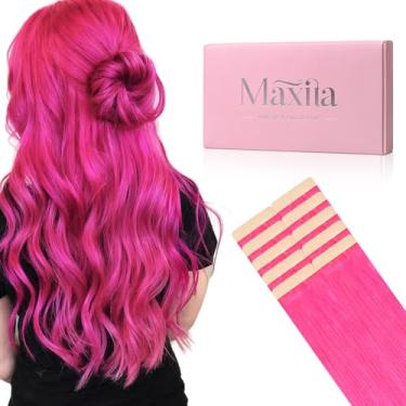 Imagem de MAXITA Extensões de cabelo humano fita adesiva rosa choque em extensões 10 peças 30 g 56 cm colorido invisível extensão de cabelo humano real macio liso vinho tinto cola em extensões de cabelo