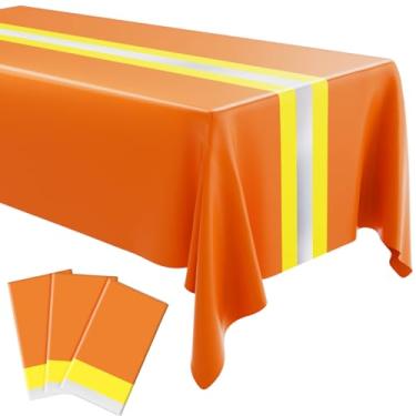 Imagem de Oudain 3 peças de toalha de mesa de combate a incêndio para construção de estrada 137 x 274 cm toalha de mesa de plástico descartável para bombeiros construção carro corrida aniversário decoração