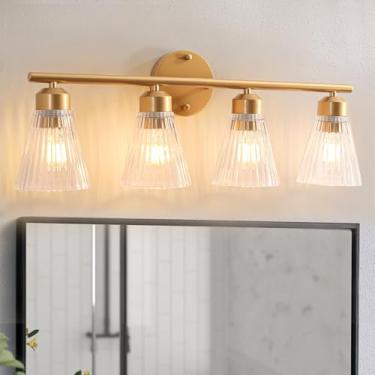 Imagem de wochos Luminária de banheiro de 4 luzes, luminária dourada para banheiro sobre espelho com vidro listrado, lâmpada de parede moderna, iluminação de arandelas de parede para sala de estar, quarto