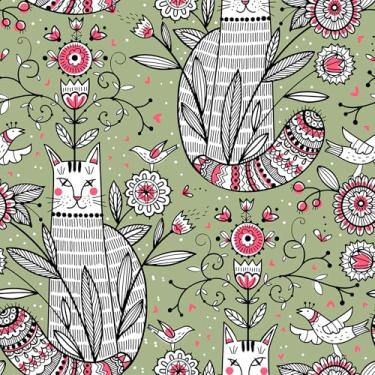 Imagem de VEELIKE Papel de parede verde peculiar floral e gato descasque e cole abstrato gato art deco papel de parede para quarto de berçário 48 cm x 900 cm papel de contato floral verde removível autoadesivo