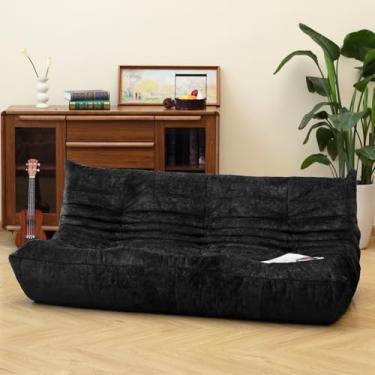 Imagem de N&V Cadeira Fireside, sofá de chão sem braços de meados do século, espreguiçadeira macia de chenille premium, cadeira de espuma para sala de estar, quarto e escritório (preta, três lugares)