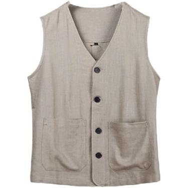 Imagem de Verão Colete De Linho Para Homens De Um único Peito Blazer De Terno Fino Veset Sem Mangas Blazer Casual Vintage Loose Fit Jaqueta Esportiva Verão Lazer Jaqueta Top, khaki, XL