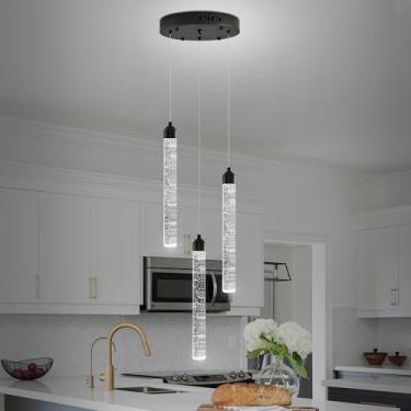 Imagem de YwueChwu Lustre de cristal de LED moderno de 3 luzes regulável - Mini pingente preto com gota de chuva em espiral/pingente de bolha para ilha de cozinha, sala de jantar, sala de estar, hall de entrada