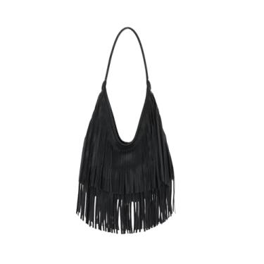 Imagem de LUI SUI Bolsas Hobo Fringe para mulheres, vintage, com franja, preta, bolsa de ombro com borlas ocidentais, Preto, One Size