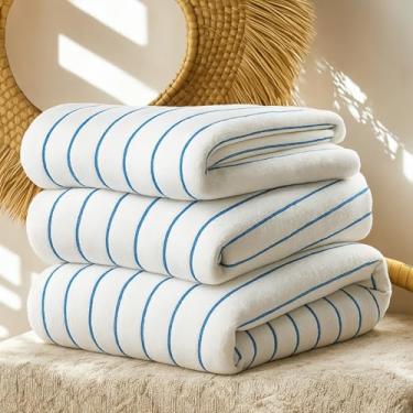 Imagem de Kit 3 Toalhas de Praia e Piscina Gigantes Altenburg Luxo 160x80 cm – Alta Gramatura Branca com Listras Finas Coloridas (AZUL)