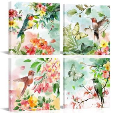 Imagem de LyerArtork 4 peças de arte de parede beija-flores e impressões em tela pássaros coloridos pintura floral aquarela imagens de plantas obras de arte decoração de parede para quarto banheiro cozinha 30 x