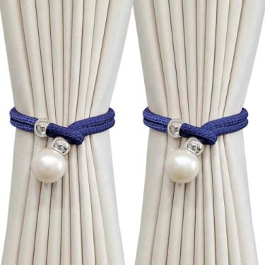 Imagem de Prendedor de Cortina com Pérola, Kit 2 Peças, para Sala, Quarto e Cozinha, Com Fecho Ajustável Abraçadeira Decoração do Ambiente Presilhas Funcional (Azul)