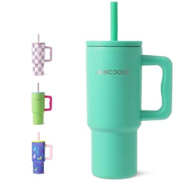 Imagem de DLOCCOLD Copo infantil de 680 g com alça e tampa de canudo de silicone, copo isolado à prova de vazamento com tampa resistente a derramamentos, caneca reutilizável de aço inoxidável para meninos e