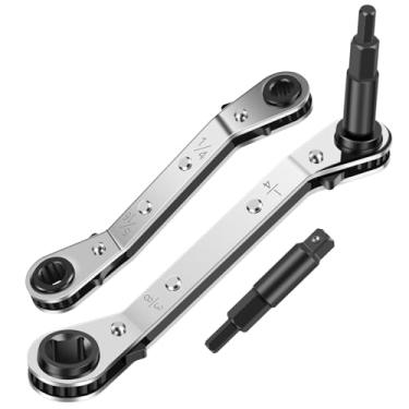 Imagem de 2 peças de chave de serviço HVAC chave de refrigeração, chave catraca de 3/40.6 cm a 3/20.3 cm 5/40.6 cm x 1/10.2 cm com kit adaptador de 2 pontas hexagonais para ferramentas de refrigeração de ar