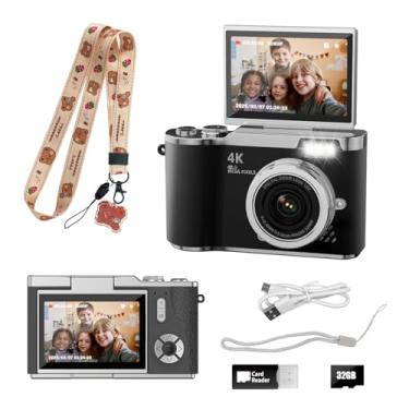 Imagem de HEYMAO Câmera infantil, câmera digital 4K para fotografia, câmera de selfie de vídeo HD de 48 MP 1080p, com flash de tela flip de 180°, com cartão SD de 32 GB, para iniciantes, crianças, adolescentes