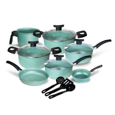 Imagem de Jogo de Panelas Antiaderente Tampas de Vidro - Cozinha Saudável sem Óleo, Prática e Completa para o Dia a Dia (Menta)