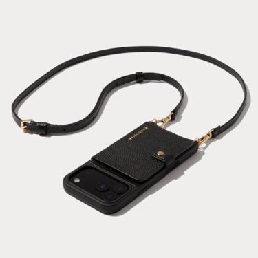 Imagem de Bandolier Capa de telefone carteira transversal Mila [compatível com MagSafe] para iPhone 17 Pro. 100% couro de seixo genuíno. Alça ajustável e removível. Preto com ferragens douradas