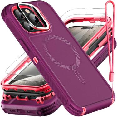 Imagem de YKHJKLEC Capa para iPhone 15 Pro Max, grau militar 3 em 1, resistente à prova de choque/à prova de queda/à prova de poeira com suporte, com 2 protetores de tela de vidro temperado e 1 x alça de pulso