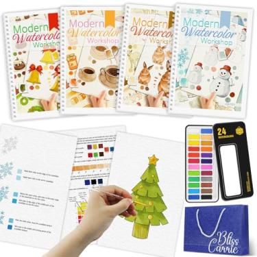Imagem de 4 cadernos de exercícios em aquarela, livro de colorir com 48 padrões, livros de aquarela para iniciantes com 24 cores de tinta e pincel, estresse - presente aliviador para mulheres - outono, animais