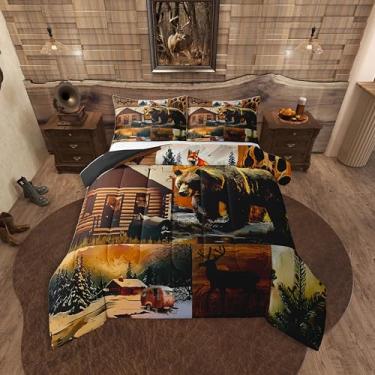 Imagem de Erosebridal Conjunto de edredom rústica, tamanho Queen, urso, veado, raposa, cabana para crianças, adolescentes e adultos | Colcha de edredom com animais da floresta do campo, vintage, pinheiros