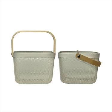 Imagem de Kit 2 Cesto Multiuso Metal Alca Madeira Decoração Prateleira