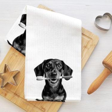 Imagem de Dachshund fofo com escova de dentes toalhas de banho 61 x 35 cm, pano de prato de microfibra macio absorvente toalha de banheiro, toalhas de mão waffle para banheiro, presentes de dachshund