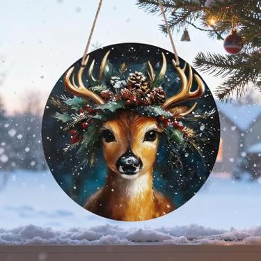 Imagem de Cartazes e impressões de parede de alumínio redondos planos 2D, adequado para cozinha, banheiro, escritório, decoração de casa de fazenda, presente para colegas de trabalho, irmão, irmãs, amigos (rena