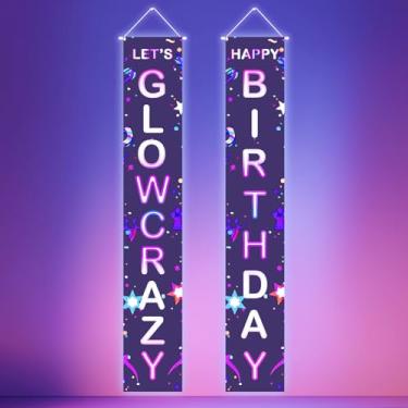 Imagem de HOMETITUTE 2 peças tapeçaria de luz negra Happy Birthday Let's Glow Crazy Neon Letras Banner com padrão de estrelas e serpentinas fundo preto 30,5 x 188 cm para decoração de parede de festa brilhante