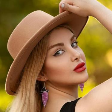 Imagem de Western Cowgirl Chapéu esmaltado brilhante strass borla brincos pendentes baile shows country roupas cowboy roupas rodeio joias presente para mulheres, cristal roxo e chapéu preto
