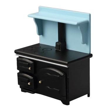 Imagem de Fogão de casa de bonecas em miniatura, cozinha preta vintage em escala 1:12