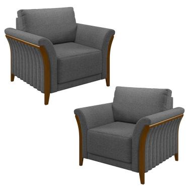 Imagem de Kit 2 Poltronas Decorativas Sala De Estar 102cm Pés Madeira Roya M22 Linho Cinza Escuro - Mpozenato