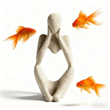 Imagem de Civore Decorações de tanque de peixes, estátua de pensador de resina de arenito (estilo minimalista), acessórios de aquário para betta, ciclídeos, peixes dourados e pequenos animais aquáticos