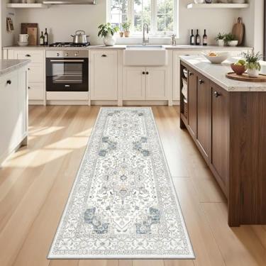 Imagem de Tapete de corredor, 6 x 15 cm, lavável, vintage, tapete para corredor, antiderrapante, tapete de lavanderia, corredor, boho, para entrada, lavanderia, cozinha, banheiro, (6 x 15 cm, bege azul)