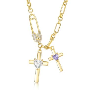 Imagem de SilvecFantasy Colar de cruz de ouro para mulheres, pingente de cruz dupla de 14 K, pino de segurança delicado, 2 pedras do nascimento, clipe de papel, corrente de fé, joias modernas, presentes
