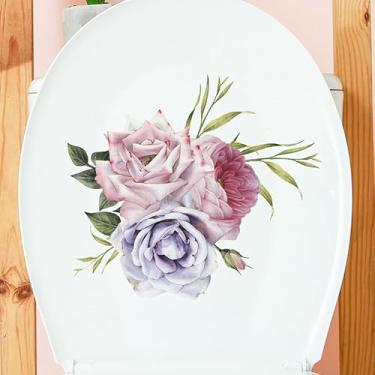 Imagem de Aquarela rosa tampa de vaso sanitário e adesivo de tanque 28 cm x 25 cm rosa roxo buquê de flores decalques de capa de assento de vaso sanitário decoração de cisterna floral adesivos descascar e colar