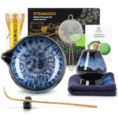 Imagem de TEANAGOO Conjunto de 7 peças de batedor Matcha, conjunto matcha para cerimônia, kit matcha azul junware, conjunto de chá matcha para fazer café da manhã/latte, tigela de cerâmica (chawan) com bico e