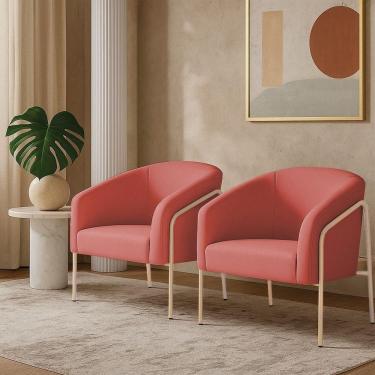 Imagem de Poltrona Sala Industrial Alta Champanhe Kit 2 Stella Suede Rosê D03 - D`rossi
