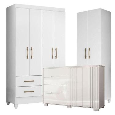 Imagem de Guarda Roupa Solteiro Chile Com Cômoda Texas E Armário Multiuso New íris Branco Brilho - Moval