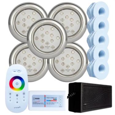 Imagem de Kit Iluminação Piscina Hidraled, 5 Refletores LED RGB Inox 18W, 5 Nichos para piscina de Fibra, Controle Remoto Touch