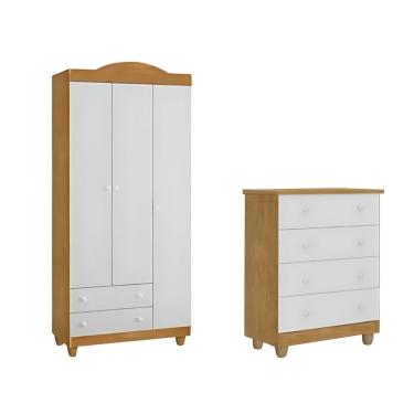 Imagem de Kit Lara Cômoda E Guarda Roupas Clean Moderno Mdf Resistente Branco Nature