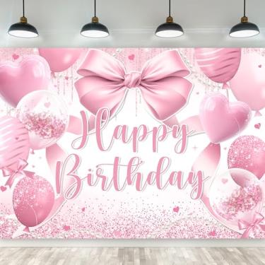 Imagem de Riyidecor Pano de fundo de festa de aniversário com laço para meninas e mulheres, 17 x 13 cm A, tecido de poliéster, laço rosa, balão de feliz aniversário, pérolas brilhantes, fundo fotográfico