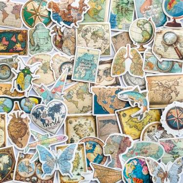 Imagem de YOKSAS 50 peças de adesivos vintage de mapa-múndi – adesivos estéticos de cartografia de bússola de globo de viagem retrô para diário, álbuns, laptops, bagagem, artesanato de viagem
