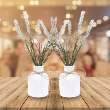 Imagem de Kit 2 Arranjos Com Vasos De Gesso Planta Artificial Decorativa(Lavanda Branca)