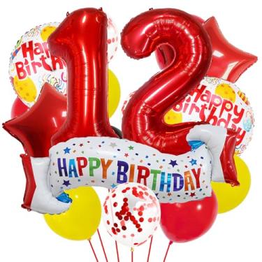 Imagem de Conjunto de decoração de aniversário de 12 anos vermelho, balão de 12 anos de coração, balão colorido de feliz aniversário de 12 anos para meninas, meninos, crianças, adultos, artigos de festa