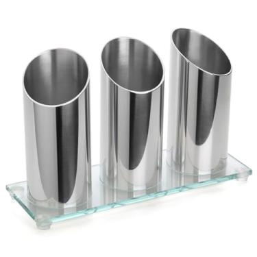 Imagem de Porta-Talheres Forma Inox com Base de Vidro, 3 Compartimentos, Aço Inoxidável, 24x16x8,5 cm, Moderno Mesa Servir Jantar Organizar Cozinha