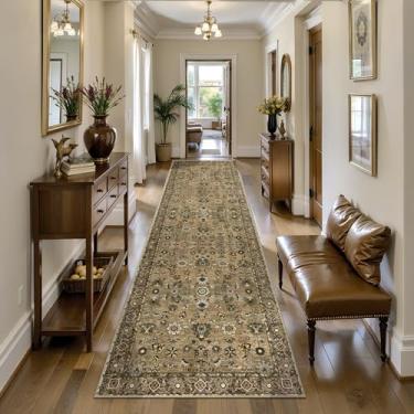 Imagem de Tangsoo Tapetes de corredor marrom 6 x 30 cm lavável para corredores, antiderrapante, floral, vintage, macio, com pelo baixo, 3,7 m de comprimento, para sala de estar, cozinha, quarto, entrada