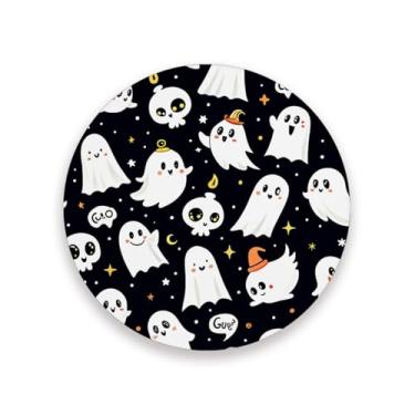 Imagem de JUZIHAI Conjunto de 4 porta-copos de Halloween Ghosts, porta-copos redondos de pedra de cerâmica absorvente de 9 cm com base de cortiça, tapete de proteção de mesa para cozinha, bar, decoração de casa