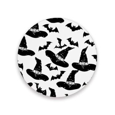 Imagem de JUZIHAI Conjunto de 2 porta-copos com padrão de Dia das Bruxas, porta-copos redondos absorventes de pedra de cerâmica com base de cortiça, tapete de proteção de mesa para cozinha, bar, decoração de