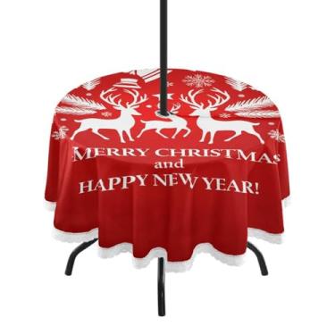 Imagem de Qilmy Toalha de mesa redonda à prova d'água de Natal Ano Novo de 152 cm com orifício para guarda-chuva e zíper – Uso externo / interno resistente para pátio, churrascos, piqueniques, festas (serve