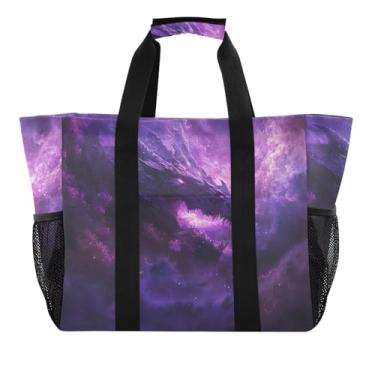 Imagem de ODAWA Bolsa de verão portátil para férias, organizador de academia, bolsa dobrável para compras de supermercado, dragão galáxia roxa, Dragão galáxia roxa, One Size