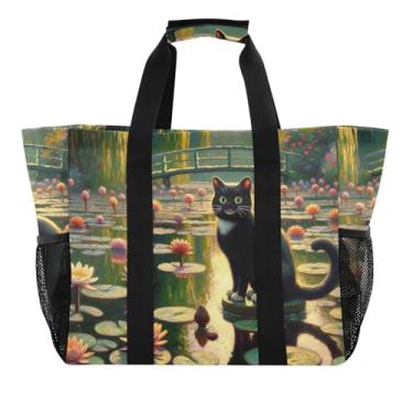 Imagem de ODAWA Bolsas de praia portáteis para gatos pretos para esportes e compras, sacolas de praia femininas à prova d'água, Nenúfares de gato preto, One Size